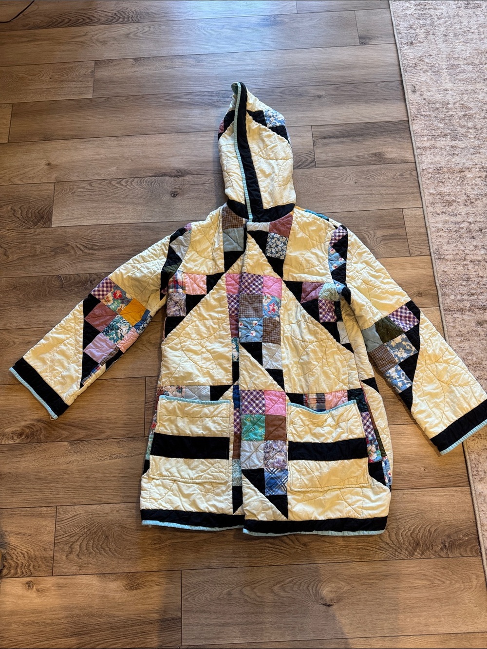 Quilted Patchwork Hooded Jacket - Cream & Multi
